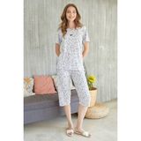 FullaModa Çiçek Desenli Kadın Kısa Kol Kapri Pijama Takımı Lacivert Renkli Büyük Beden Konforu