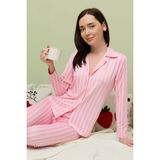 FullaModa Çizgili Gömlek Yaka Pijama Takımı - Pembe - 2XL