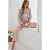 FullaModa Çizgili Lazy Day Baskılı Bisiklet Yaka Pijama Takımı - Pudra - 2XL