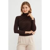 FullaModa Drapeli Balıkçı Yaka Bluz - Kahverengi - S
