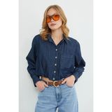 FullaModa Düğmeli Tek Cepli Crop Jean Gömlek - Lacivert