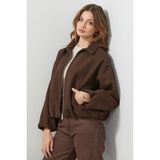 FullaModa Fermuarlı Cepli Polo Yaka Kaşe Bomber Mont - S - Kahve