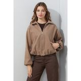 FullaModa Fermuarlı Cepli Polo Yaka Kaşe Bomber Mont - XL - Vizon