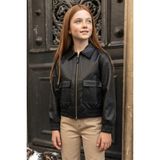 FullaModa Fermuarlı Çift Cepli Polo Yaka Bomber Kız Çocuk Suni Deri Ceket - 7 - 8 Yaş - Siyah