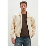 FullaModa Fermuarlı Polo Yaka Kadife Bomber Ceket - S - Ekru