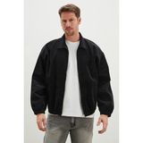 FullaModa Fermuarlı Polo Yaka Kadife Bomber Ceket - XL - Siyah