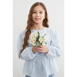 FullaModa Fiyonk Detaylı Çizgili Kız Çocuk Bluz - Mavi - 7 - 8 Yaş