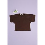 FullaModa Kurdele Nakışlı Salaş Kız Çocuk Crop Tişört - Kahve - 14 Yaş