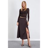 FullaModa Yırtmaçlı Maxi Boy Saten Etek - Kahve