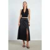 FullaModa Yırtmaçlı Maxi Boy Saten Etek - Siyah - XL