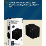 Fulltech 25W 1 USB / 2 Type-C/ 1 Ac Giriş Avrupa Fiş Dönüştürücülü Ul Uslararası Seyahat Şarj Adaptör
