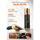 Fulltech FP28 Şarjlı Aa Pil 2800MWH 1.5V Type-C Lithium-Ion Rechargeable Battery 2’li Paket Hızlı Şarjlı Kalem Pil - 2 Adet