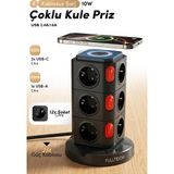 Fulltech Ftr-15 Power Tower Dikey Priz | 12’li Çoklu Soket, 10W Kablosuz Şarj, 3680W Güç, USB Çıkışlı Akıllı Priz - Siyah
