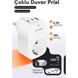 Fulltech Ftr-24 Çoklu Duvar Prizi 16A 3680W Beyaz | 2x Usb-C + 1x Usb-A Şarjlı Priz | Akım Korumalı (Surge Protection) Akıllı Priz