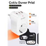 Fulltech FTR-24 Çoklu Duvar Prizi 16A 3680W Beyaz | 2x USB-C + 1x USB-A Şarjlı Priz | Akım Korumalı