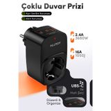 Fulltech FTR-24 Çoklu Duvar Prizi 16A 3680W Siyah | 2x USB-C + 1x USB-A Şarjlı Priz | Akım Korumalı