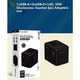 Fulltech Rose Teknoloji Fulltech 25W 1 USB / 2 Type-C/ 1 Ac Giriş Avrupa Fiş Dönüştürücülü Uluslararası Seyahat Şarj Adaptörü - Siyah