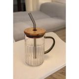 Füme Renkli 420 ml Cam Kupa, Bambu Kapak ve Pipet ile Şık Tasarım - Seçenek 1