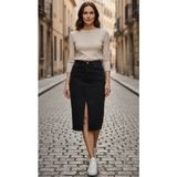 Füme Style Kadın Yüksek Bel Önden Yırtmaçlı Cepli Midi Jean Kot Etek - 000-Siyah - 3XL