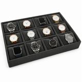 Füme Süet Saat Kutusu 12 Bölmeli Yastıklı Organizer, MDF Üzeri Süet Kaplama Takı ve Saat Saklama Kutusu, 34x24x5 cm Premium Saat Teşhir Standı Kelepçe Bileklik Çekmece İçi Düzenleyici Saat Kutusu