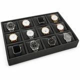 Füme Süet Saat Kutusu 12 Bölmeli Yastıklı Organizer, MDF Üzeri Süet Kaplama Takı ve Saat Saklama Kutusu, 34x24x5 cm Premium Saat Teşhir Standı Kelepçe Bileklik Çekmece İçi Düzenleyici Saat Kutusu