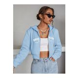 Fun Fashion Kadın Bebe Mavi Brooklyn Baskılı Kapüşonlu Oversize Crop Hırka