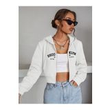 Fun Fashion Kadın Beyaz Brooklyn Baskılı Kapüşonlu Oversize Crop Hırka