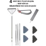 Funflex Set Üçgen Cam Duvar Yüzey Cam Silme Aparatı Mop Mikrofiber Toz Alma Başlık (4 Bezli) - Gri - Beyaz