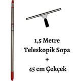 Funflex Tüm Yüzeyler Için 1,5 Metre Teleskopik Sap Sopa ve 45 cm Çekçek Cam Temizleme Aparatı Set - 1 Adet
