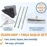 Funflex Üçgen Mop ve Sert Kıllı Fırça Başlık Seti – 2 Bezli Mop ve Çekçekli Fırça Başlık 2'li Set - Gri - Beyaz