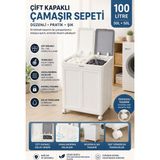Funny Life 100 Lt Çift Kapaklı Çamaşır Sepeti Tekerlekli 2 Bölmeli Kirli Çamaşır Düzenleyici - Beyaz - Gri