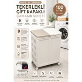 Funny Life 100 Lt Çift Kapaklı Çamaşır Sepeti Tekerlekli 2 Bölmeli Kirli Çamaşır Düzenleyici - Krem - Bej