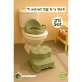 Funny Life 2'li Tuvalet Eğitim Seti - Basamaklı Çocuk Taburesi ve Kulplu Klozet Adaptörü - Yeşil