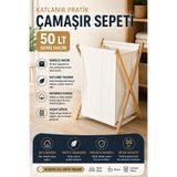 Funny Life Bambu Katlanır Çamaşır Sepeti 50 LT Ahşap Gövdeli Bez Çamaşır Sepeti Kirli Sepeti Organizer
