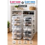 Funny Life Gondol 10'lu Set Ayakkabı Kutusu 5 Erkek 5 Kadın Şeffaf Kilitli İstiflenebilir Organizer
