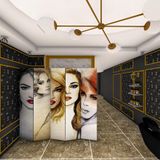 Fupe Shop Doğal Ahşap Çıtalı Kadın Baskılı Paravan Oda Bölme 5 Kanat - 180 x 200 cm - Beyaz