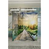 Fupe Shop Doğal Ahşap Tren Yolu Orman Manzara Tek Taraf Baskılı 5 Kanat Paravan Seperatör Oda Bölme - 200X180 - Renkli