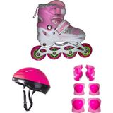Furkan Toys Power Passion Işıklı 2+1 Çift Sıra Ayarlanabilir Alıştırma Pateni + Dizlik Seti + Kask - Beyaz - Pembe - 30 - 33