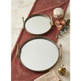 Furkan Vintage Dekoratif Jardinyer Aynalı Bronz Yuvarlak 2 Li Tepsi - Haki