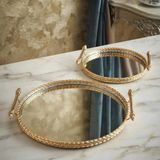 Furkan Vintage Dekoratif Jardinyer Aynalı Gold Yuvarlak 2 Li Tepsi - Altın