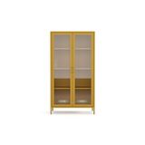 Furni24 Pera Camlı Metal Dolap 150 cm, Cam Kapaklı Vitrin - Büfe - Kitaplık ve Çok Amaçlı Dolap ( Raf Ayarlanabilir) Ral 1032 Hardal