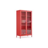 Furni24 Pera Camlı Metal Dolap 150 cm, Cam Kapaklı Vitrin - Büfe - Kitaplık ve Çok Amaçlı Dolap ( Raf Ayarlanabilir) Ral 3020 Kırmızı