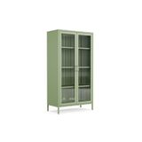 Furni24 Pera Camlı Metal Dolap 150 cm, Cam Kapaklı Vitrin - Büfe - Kitaplık ve Çok Amaçlı Dolap ( Raf Ayarlanabilir) Ral 6011 Yeşil