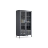 Furni24 Pera Camlı Metal Dolap 150 cm, Cam Kapaklı Vitrin - Büfe - Kitaplık ve Çok Amaçlı Dolap ( Raf Ayarlanabilir) Ral 7016 Antrasit Siyah