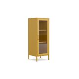 Furni24 Pera Camlı Metal Dolap 42x110cm, Cam Kapaklı Vitrin - Büfe - Kitaplık ve Çok Amaçlı Dolap ( Raf Ayarlanabilir) Ral 1032 Hardal