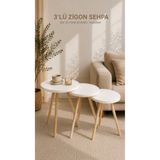 FURNICI Zigon Sehpa Beyaz 3'lü Ahşap Ayaklı Yuvarlak Modern Yan Sehpa Seti