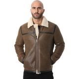 Furniq UK Erkek Kahverengi İçi Bej Kürklü Vintage Deri Ceket - 3XL - Açık Kahverengi