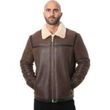 Furniq UK Erkek Koyu Kahverengi İçi Bej Kürklü Vintage Deri Ceket - S