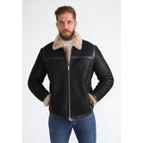 Furniq UK Erkek Siyah İçi Zencefil Kürklü Deri Ceket - Siyah - Krem - 2XL