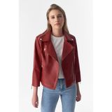 Furniq UK Kadın Bordo Kısa Kollu Biker Ceket - XS